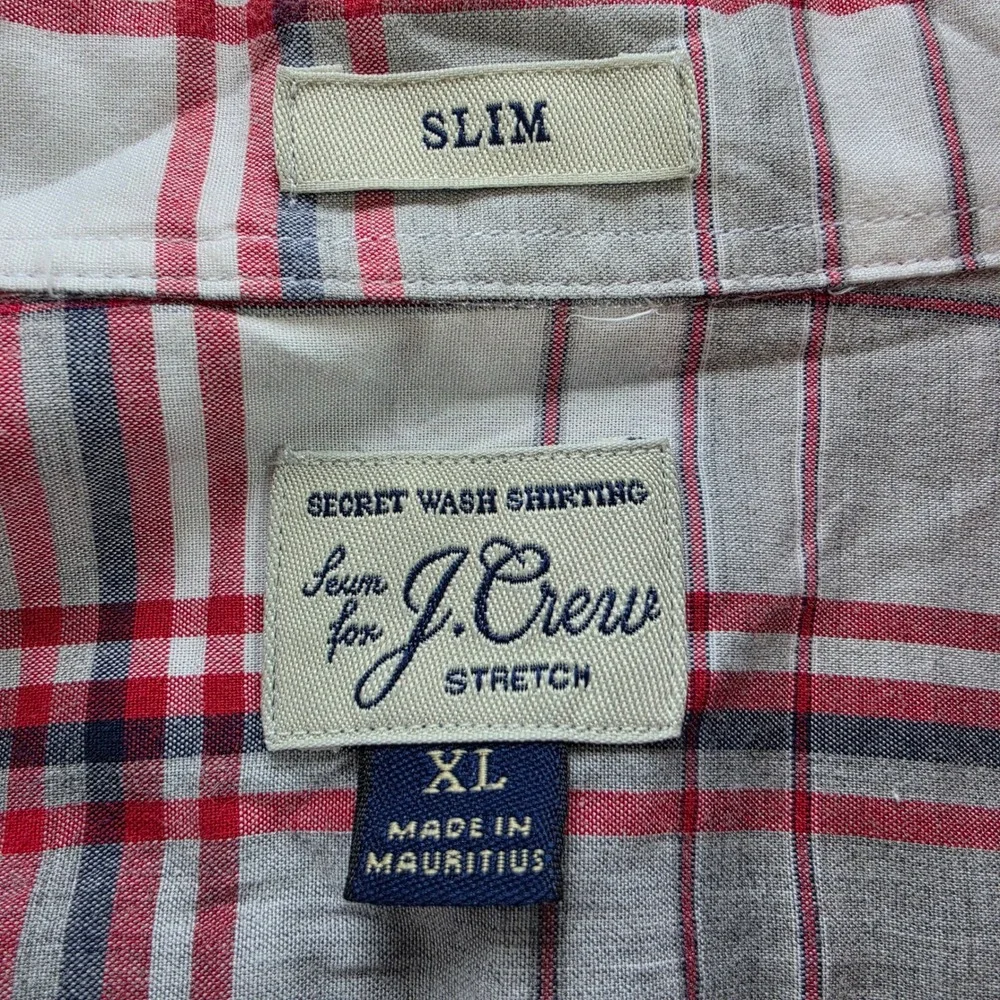 J. Crew Secret Wash Slim Fit Plaid Button Down Shirt Mens XL Grey Red Stretch